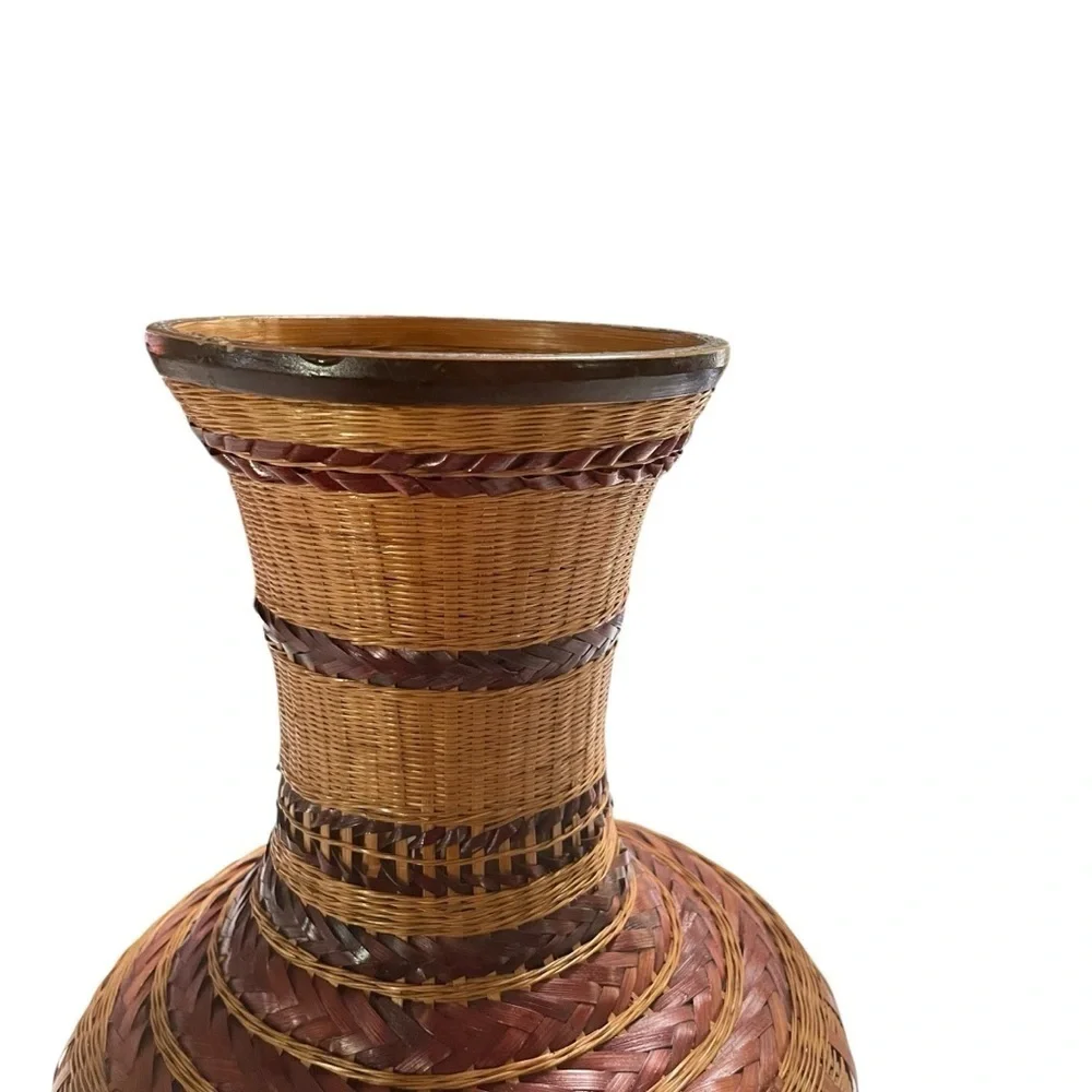 Vintage Shanghai Handicrafts Woven Wicker Rattan Bamboo Vase China 10.5
